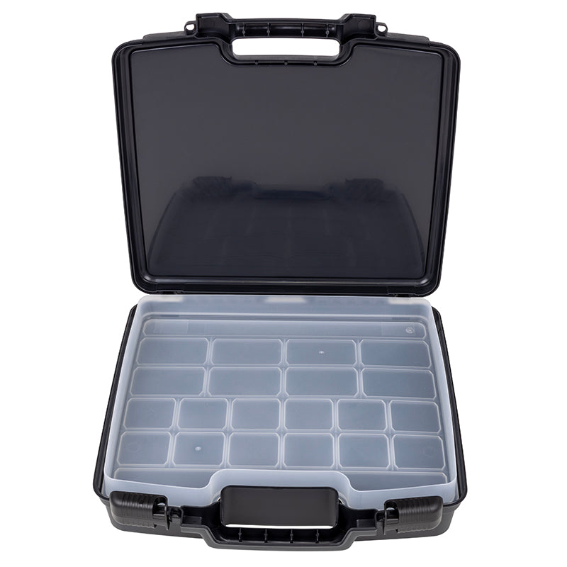 6783TC Merchant 15 Case in Black with Divided Base and Lift-out Tray Open Front View with Tray Down