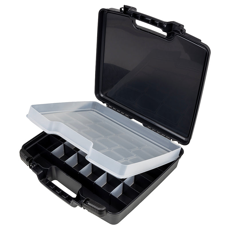 6783TC Merchant 15 Case in Black with Divided Base and Lift-out Tray Open Angled Front View with Tray Lifted