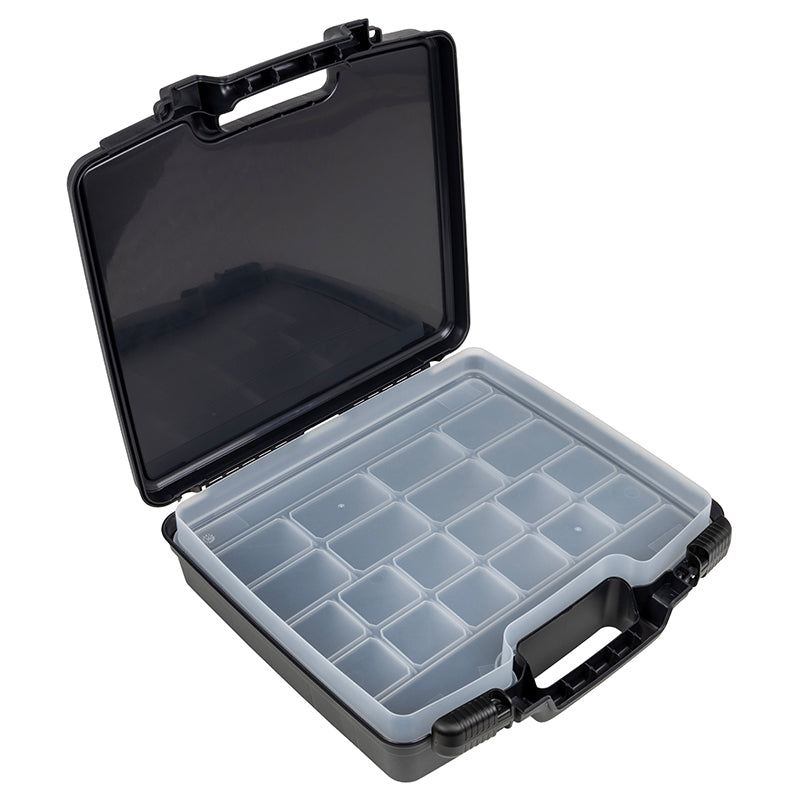 6783TC Merchant 15 Case in Black with Divided Base and Lift-out Tray Open Angled View with Tray Down